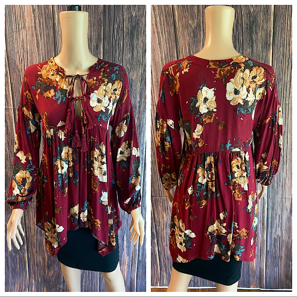 Altar’d State size small floral flowy summer blouse burgundy blue orange